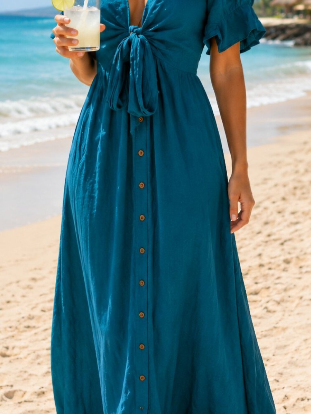 Free People boho Cottagecore linen maxi button down puff sleeve teal dress M - Picture 8 of 8